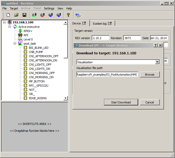 Downloading HMI to target device of the REX Control System